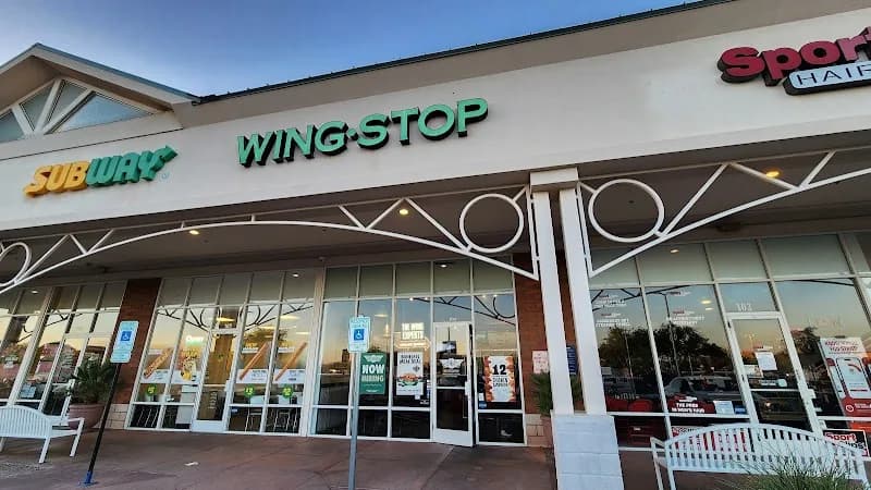 Wingstop storefront outside and inside view at 937 N Dobson Rd Ste 104 in Mesa, Arizona