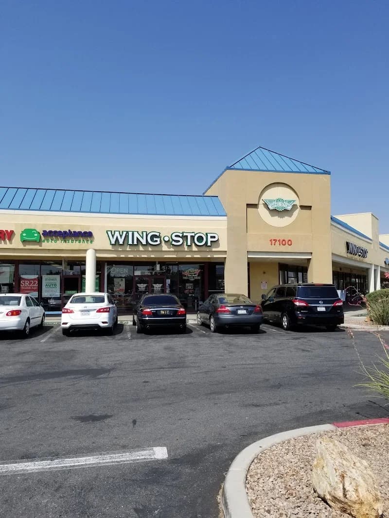 Wingstop storefront outside and inside view at 17100 Bear Valley Road in Victorville, California