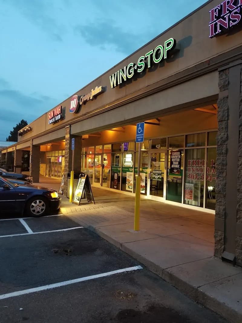 Wingstop storefront outside and inside view at 7150 Leetsdale Dr Unit 410 in Denver, Colorado