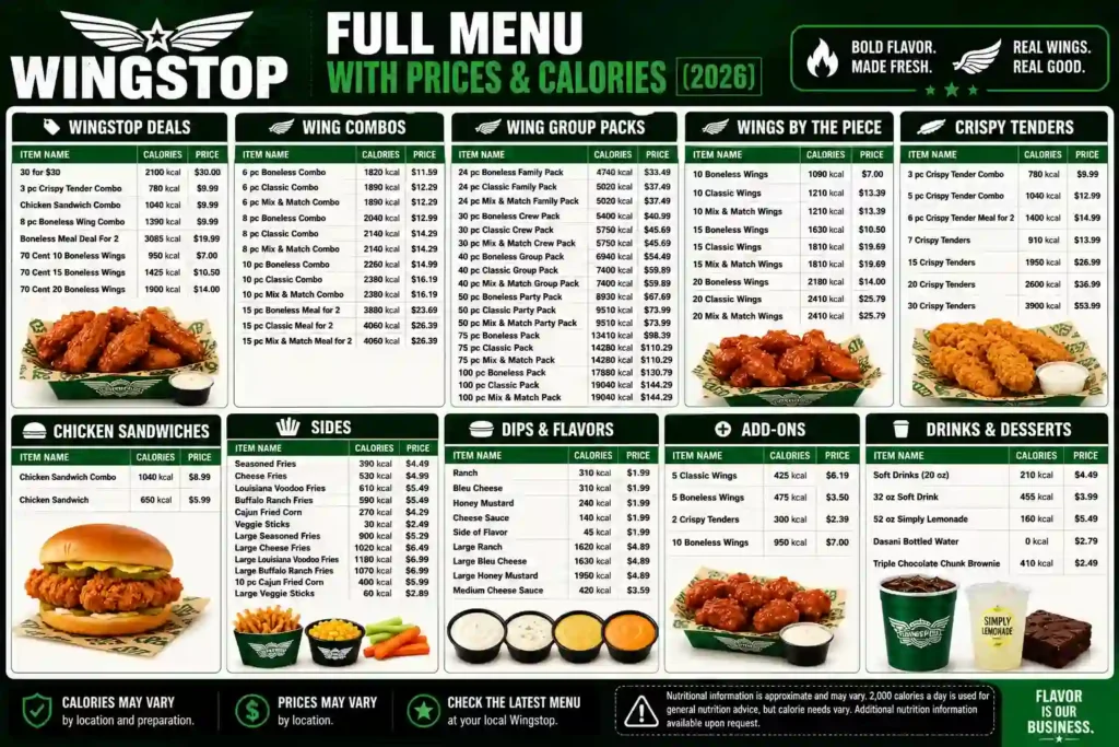 full wingstop menu with prices and calories